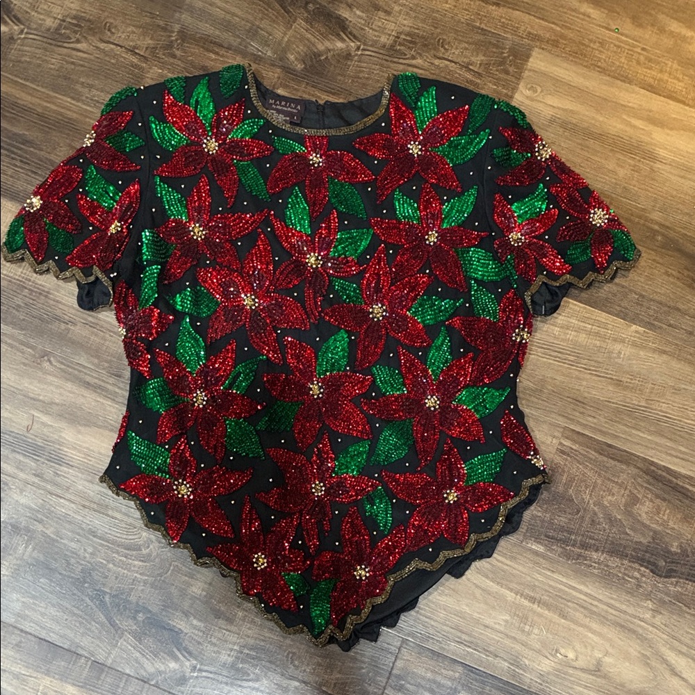 MARINA Black Beaded Poinsettia Top with Red & Green Sequins